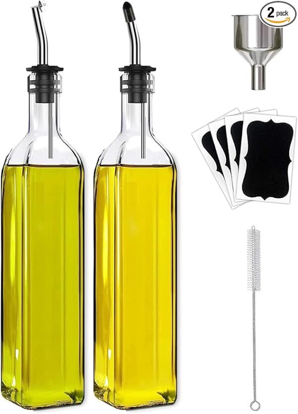 Olive Oil Dispenser Bottle, 2 Pcs Glass Olive Oil Dispenser and Vinegar DispenserOlive Oil Dispenser and Vinegar Dispenser Set with 2 Stainless Steel Pourers, 4 Labels,1 Brush and 1 Funnel Oil Bottles for Kitchen (500ml)